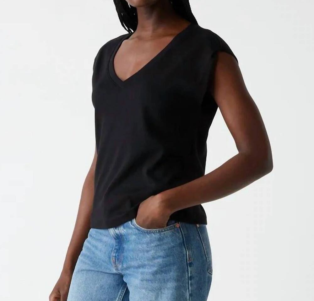 MICHAEL STARS Women's Tati V-Neck Power Shoulder Top Medium Black NWT